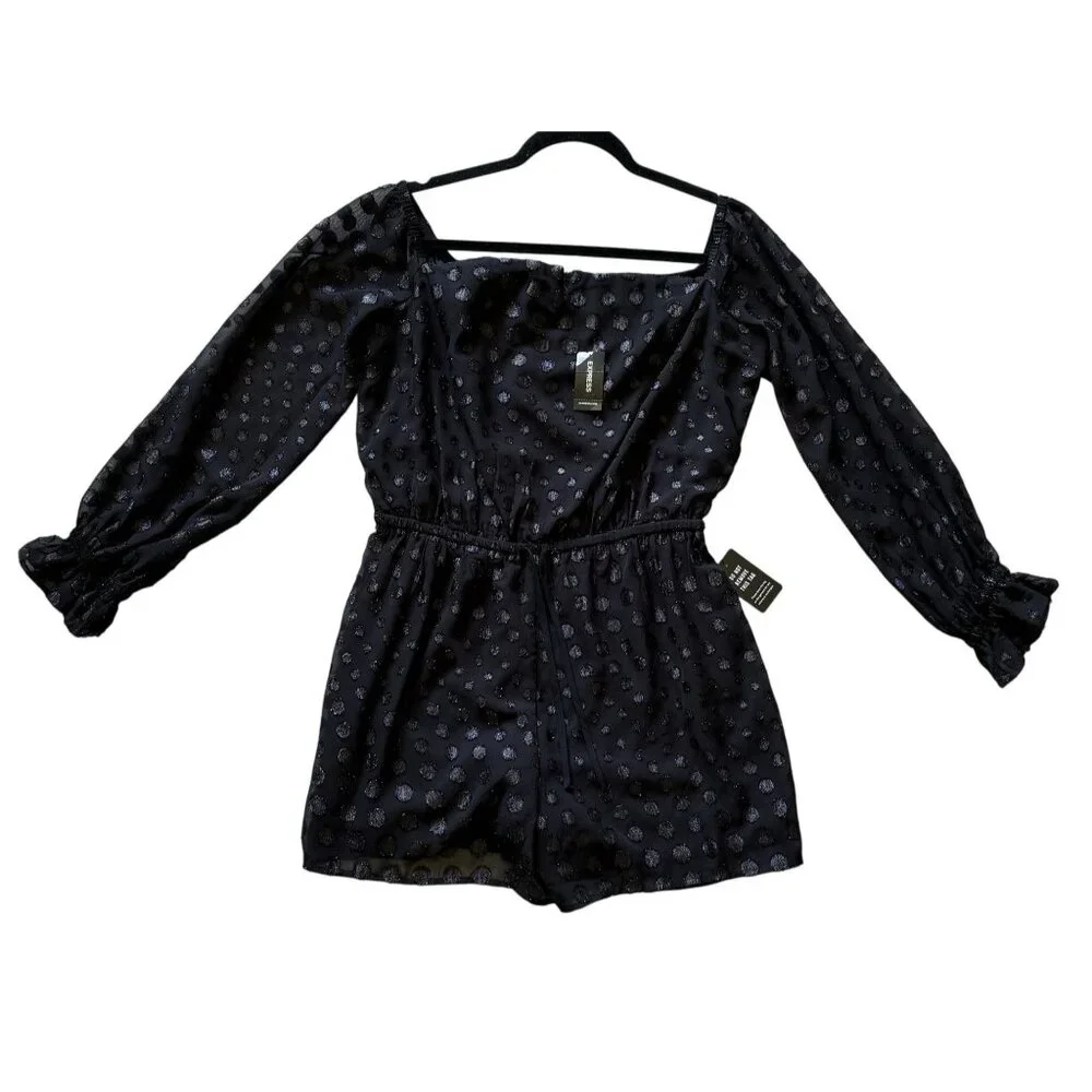 Express Black 3/4 Sleeve Sparkly PolkaDot Elastic Waist Romper Sexy M Witchy NWT - Picture 1 of 6